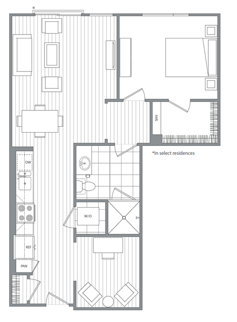One bedroom one bathroom E  at Kinley West LA, Los Angeles, CA